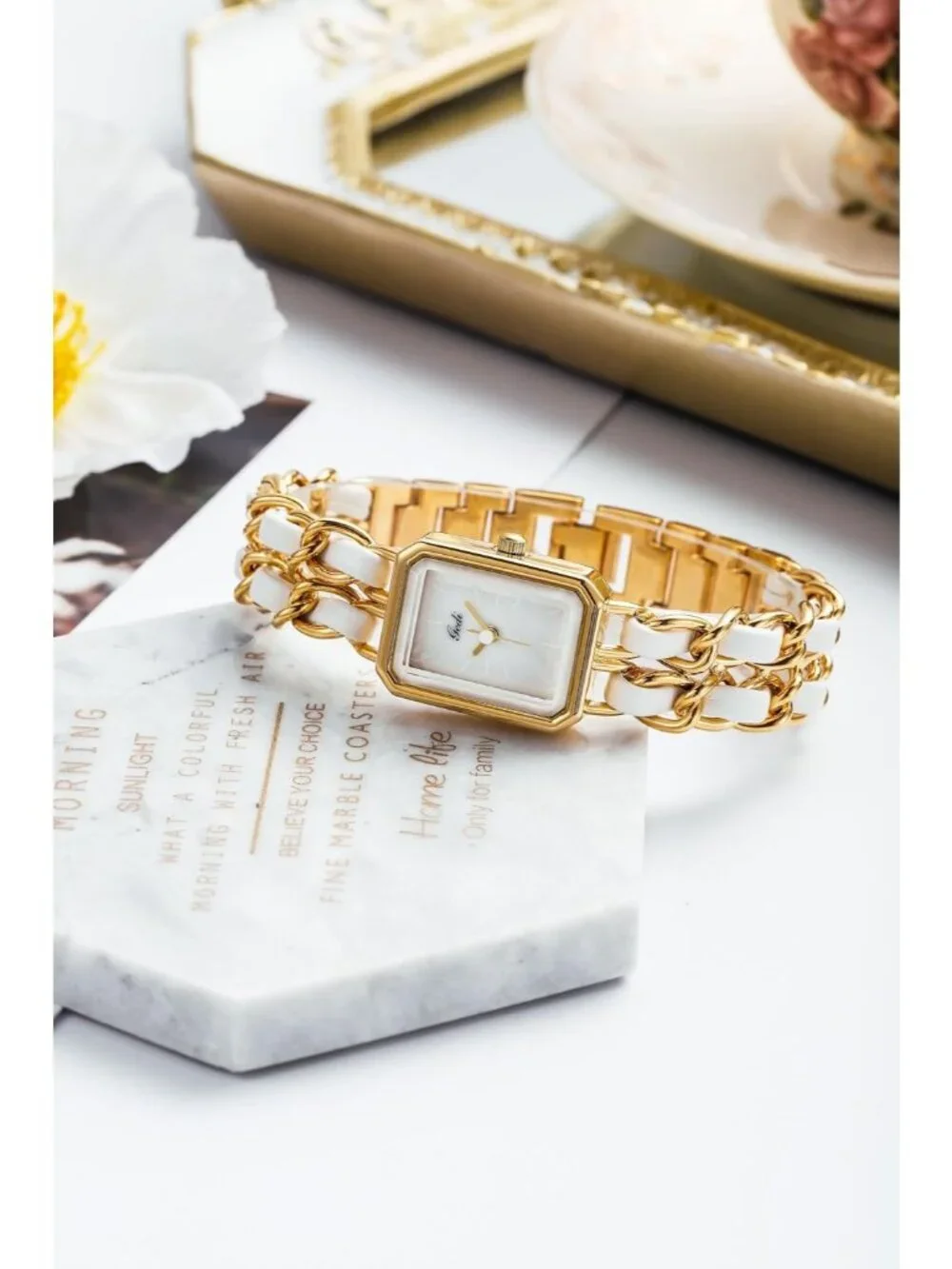 Women's Gold White Square Adjustable Chain Braid Band Quartz Retro Dress Watch